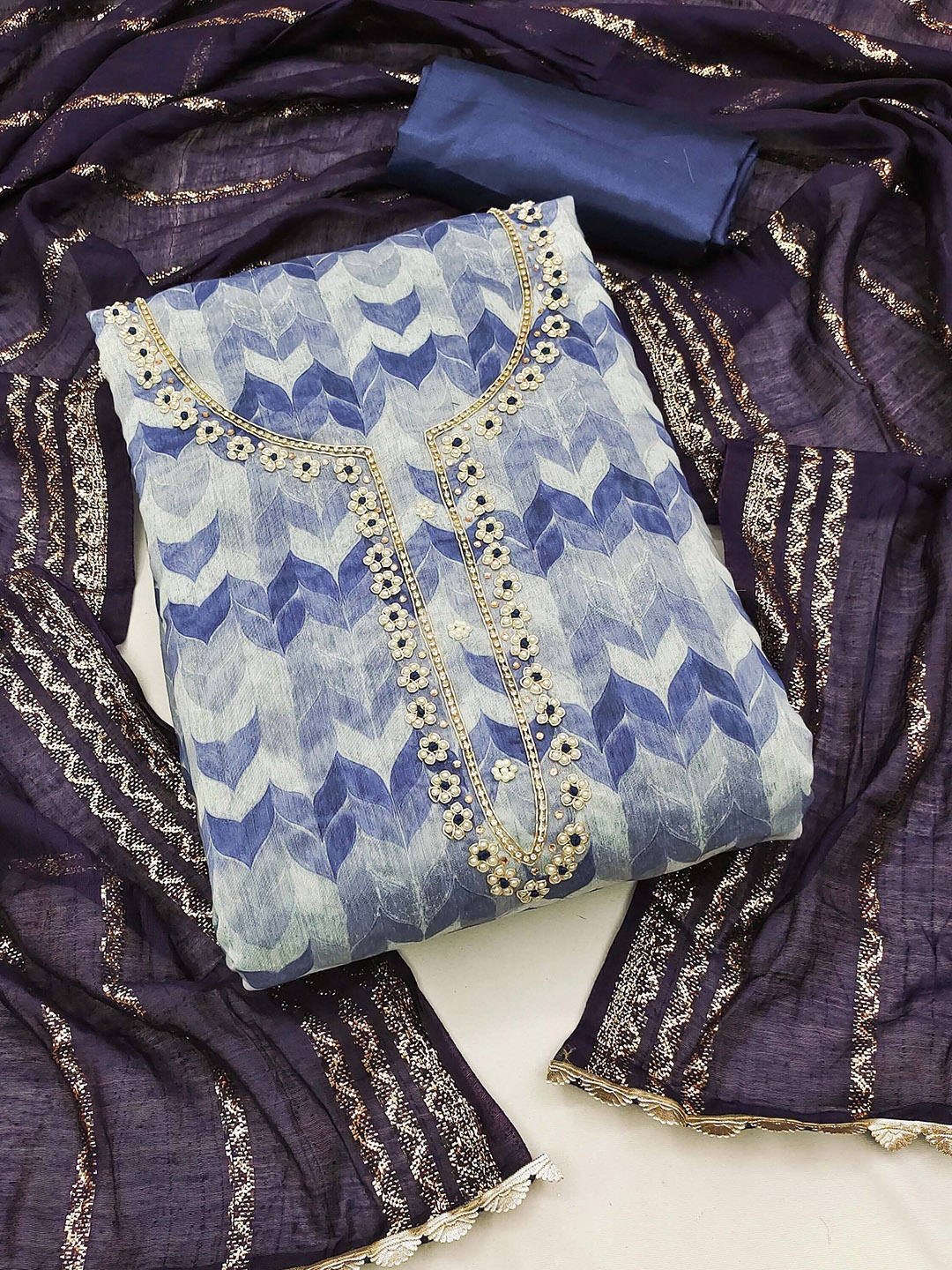 

KIMISHA Chevron Printed Beads & Stones Unstitched Dress Material, Blue