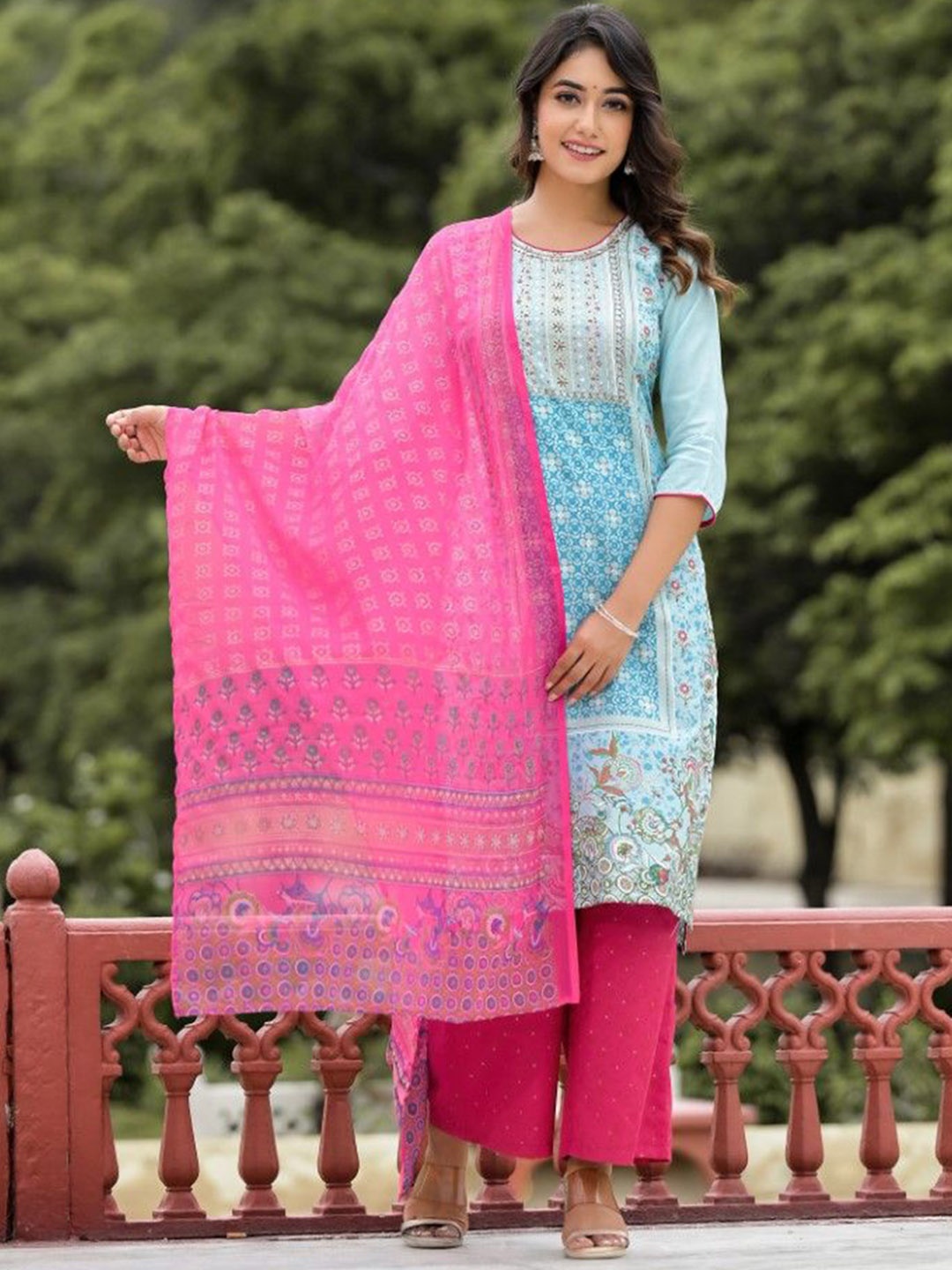 

Juniper Ethnic Motifs Printed Straight Sequinned Kurta with Trousers & Dupatta, Blue