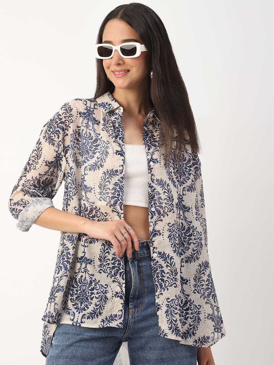 

VASTRADO Women Classic Spread Collar Floral Printed Oversized Casual Shirt, Navy blue