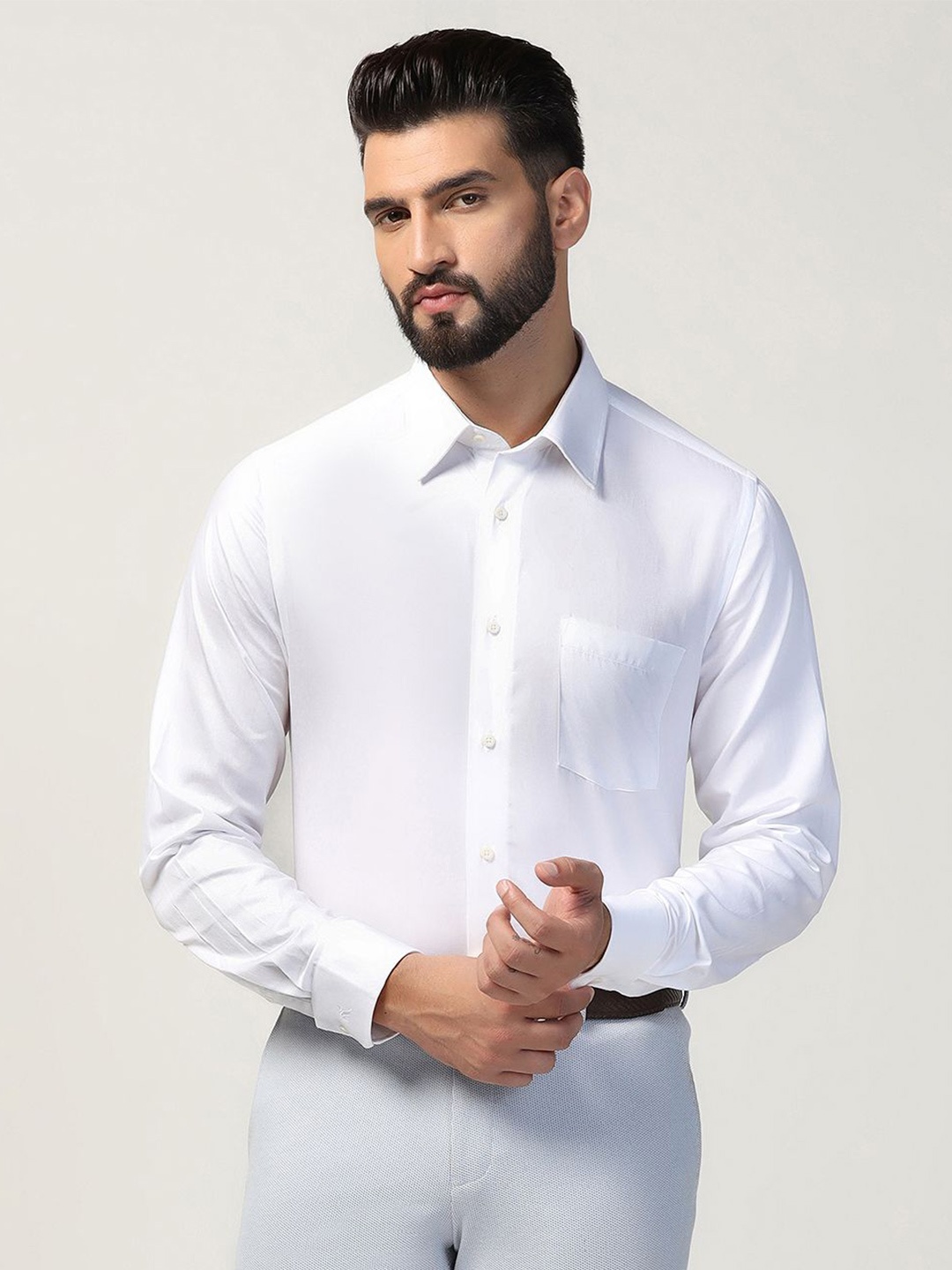 

Blackberrys Men India Slim Spread Collar Solid Cotton Casual Shirt, White