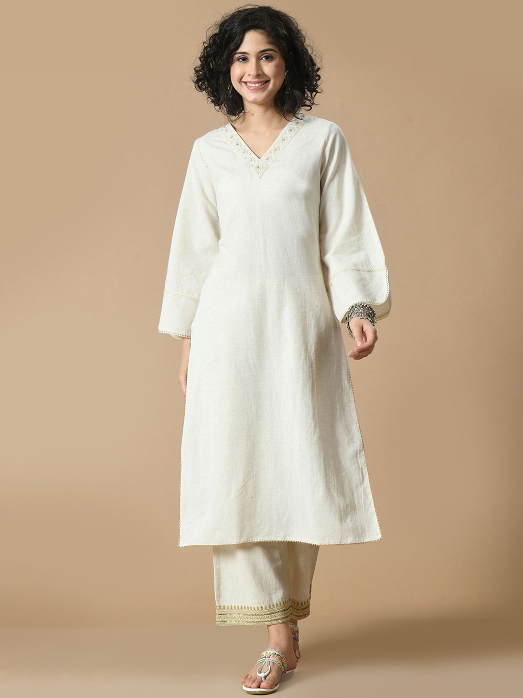 

Sangria Embroidered Thread Work Pure Cotton Kurta with Palazzos, Cream