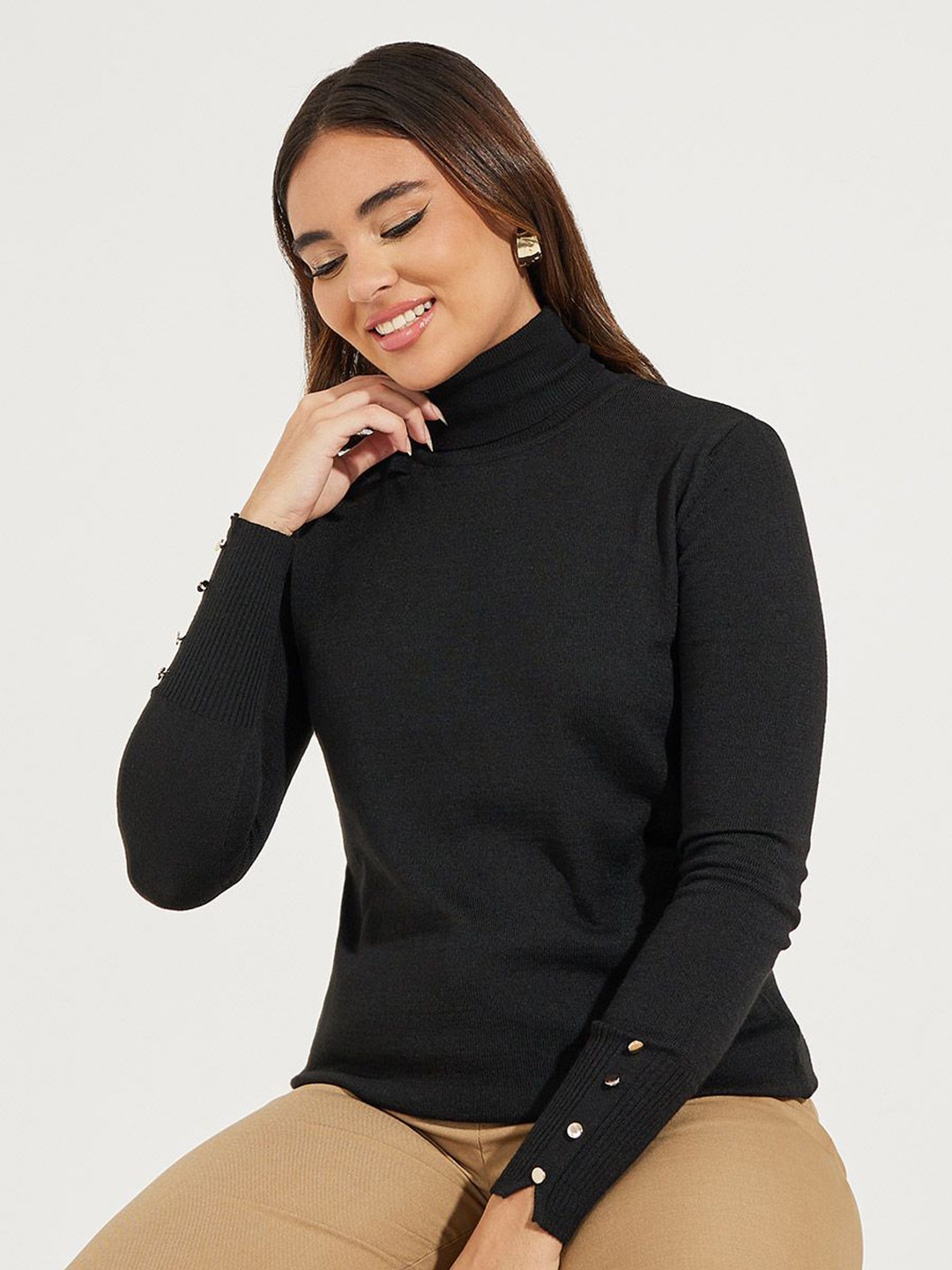 

Styli Slim Fit Turtle Neck Sweater With Button Cuff Detail, Black
