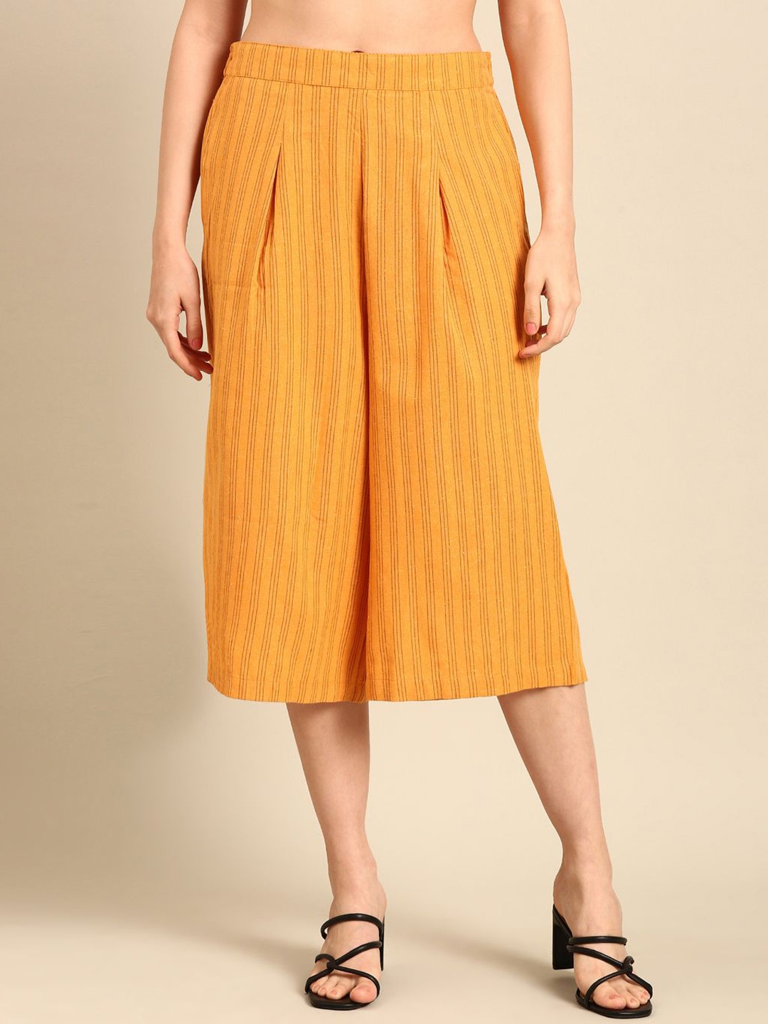 

De Moza Women Striped Pleated Culottes Trousers, Mustard