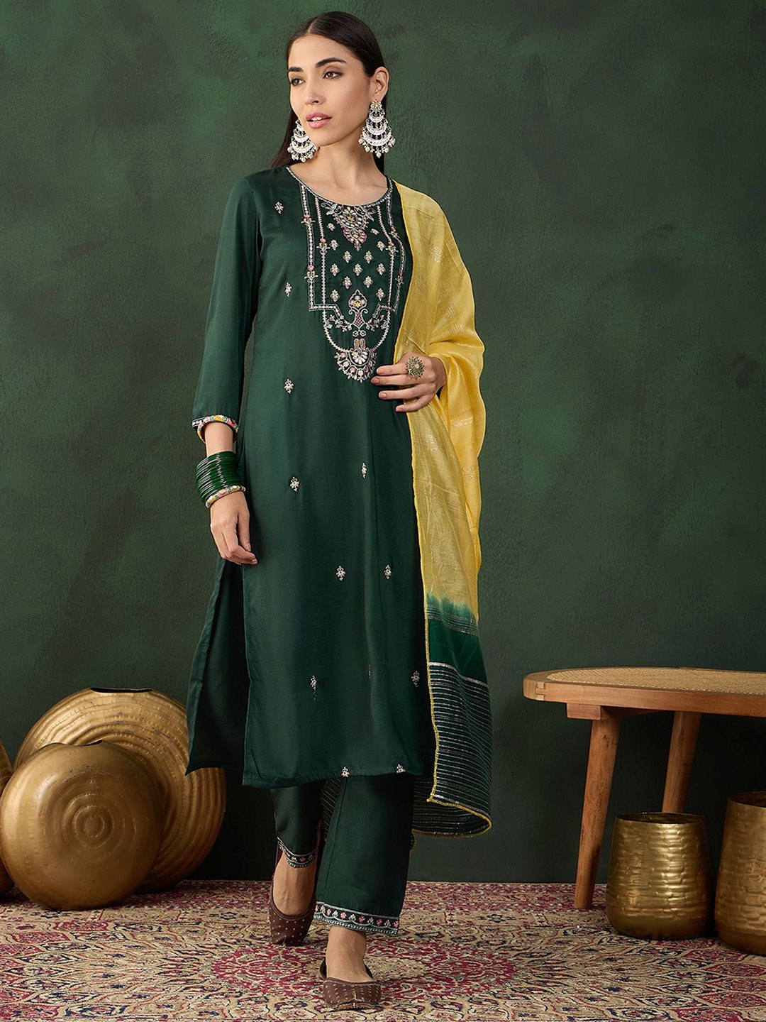 

Sangria Floral Embroidered Sequinned Straight Kurta With Dupatta, Green