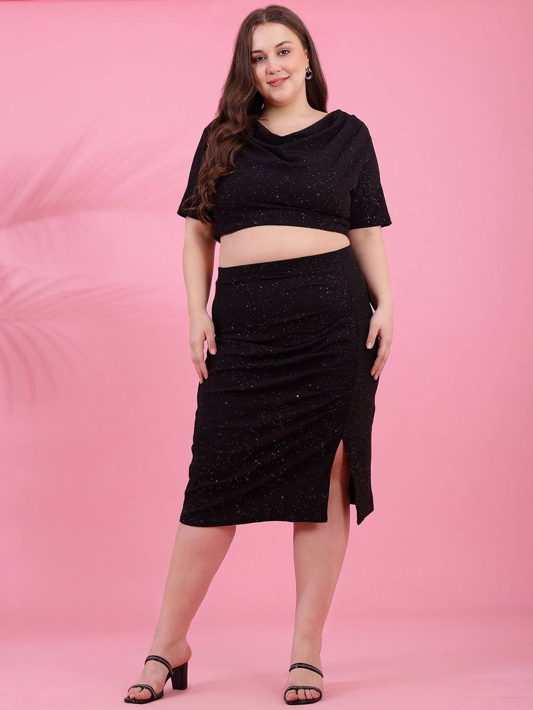 

DressBerry Curve Plus Embellished Cowl Neck Top & Skirt, Black