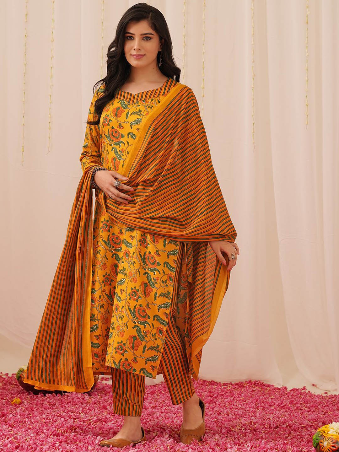 

KALINI Floral Printed Straight Kurta with Trousers & Dupatta, Yellow