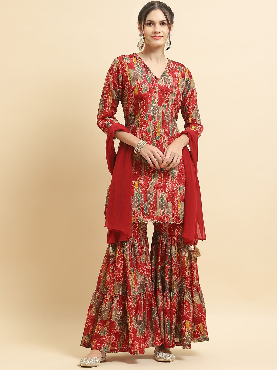 

Shree Floral Printed Regular Sequinned Kurta With Sharara & With Dupatta, Red