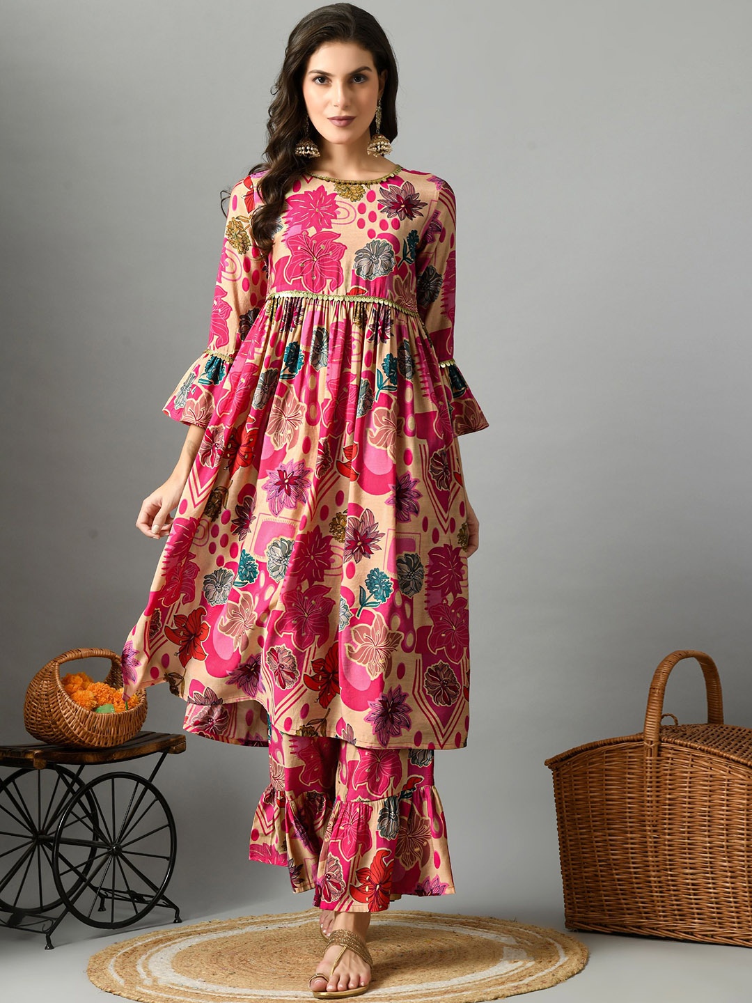 

Sangria Pink & Beige Floral Printed Bell Sleeves Anarkali Kurta With Palazzos