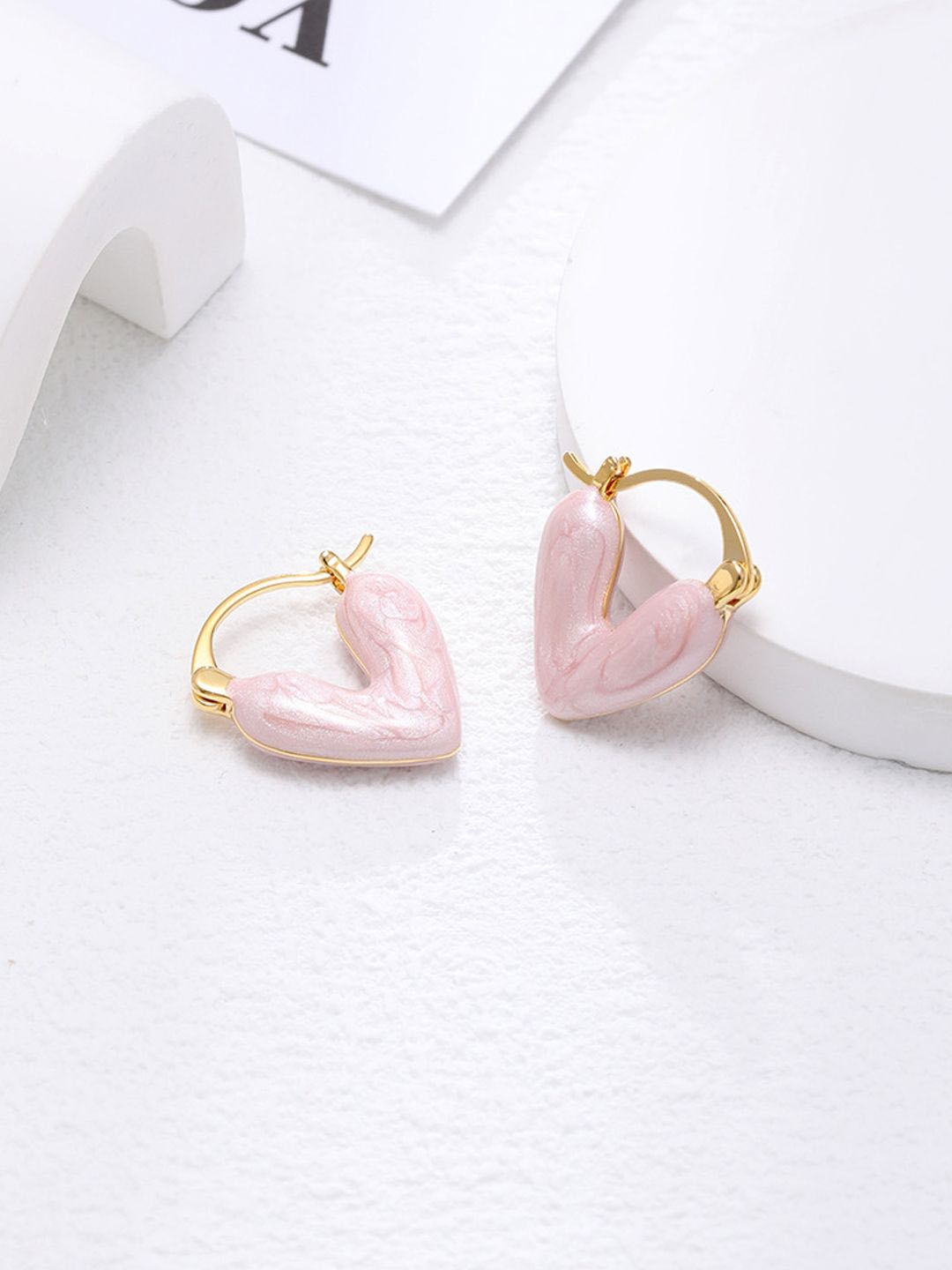 

KRENOZ Gold Plated Heart Shaped Anti Allergy Hoop Earrings, Pink