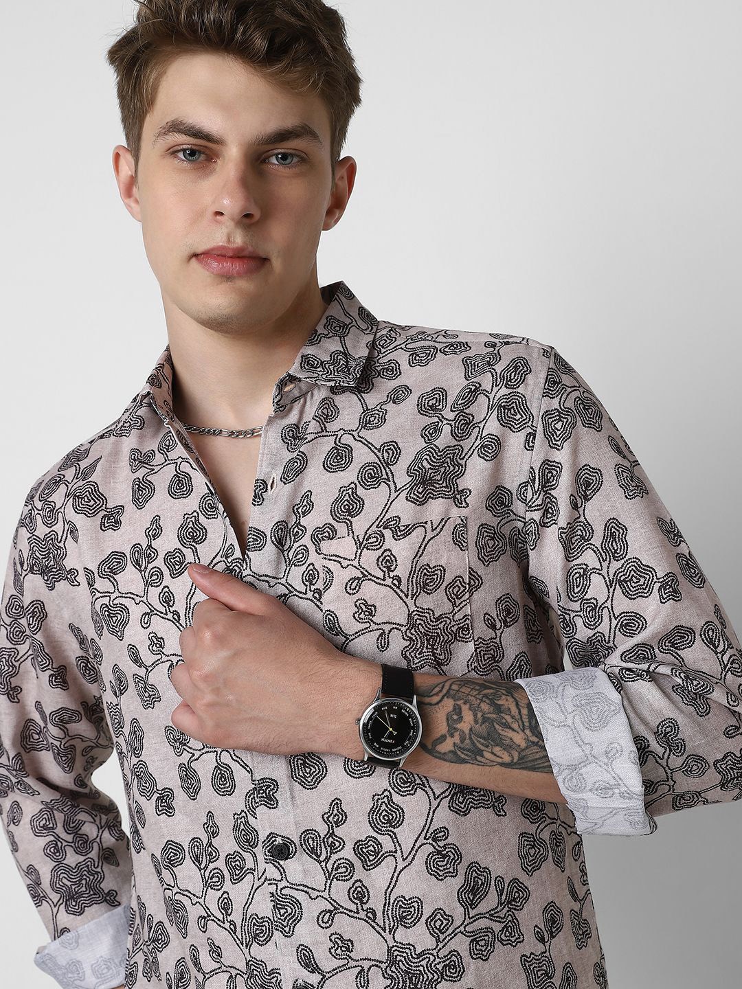 

VASTRADO Men Classic Spread Collar Floral Printed Cotton Slim Fit Casual Shirt, Beige