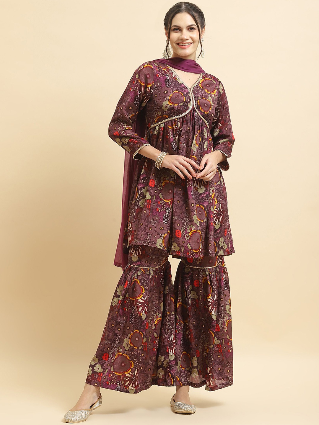 

Shree Floral Printed V-Neck Empire Gotta Patti A-Line Kurta With Sharara & Dupatta, Purple