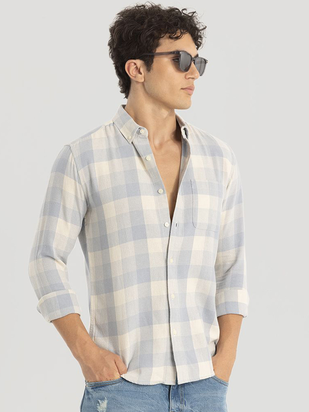 

Snitch Men Smart Button-Down Collar Tartan Checked Cotton Slim Fit Casual Shirt, Blue