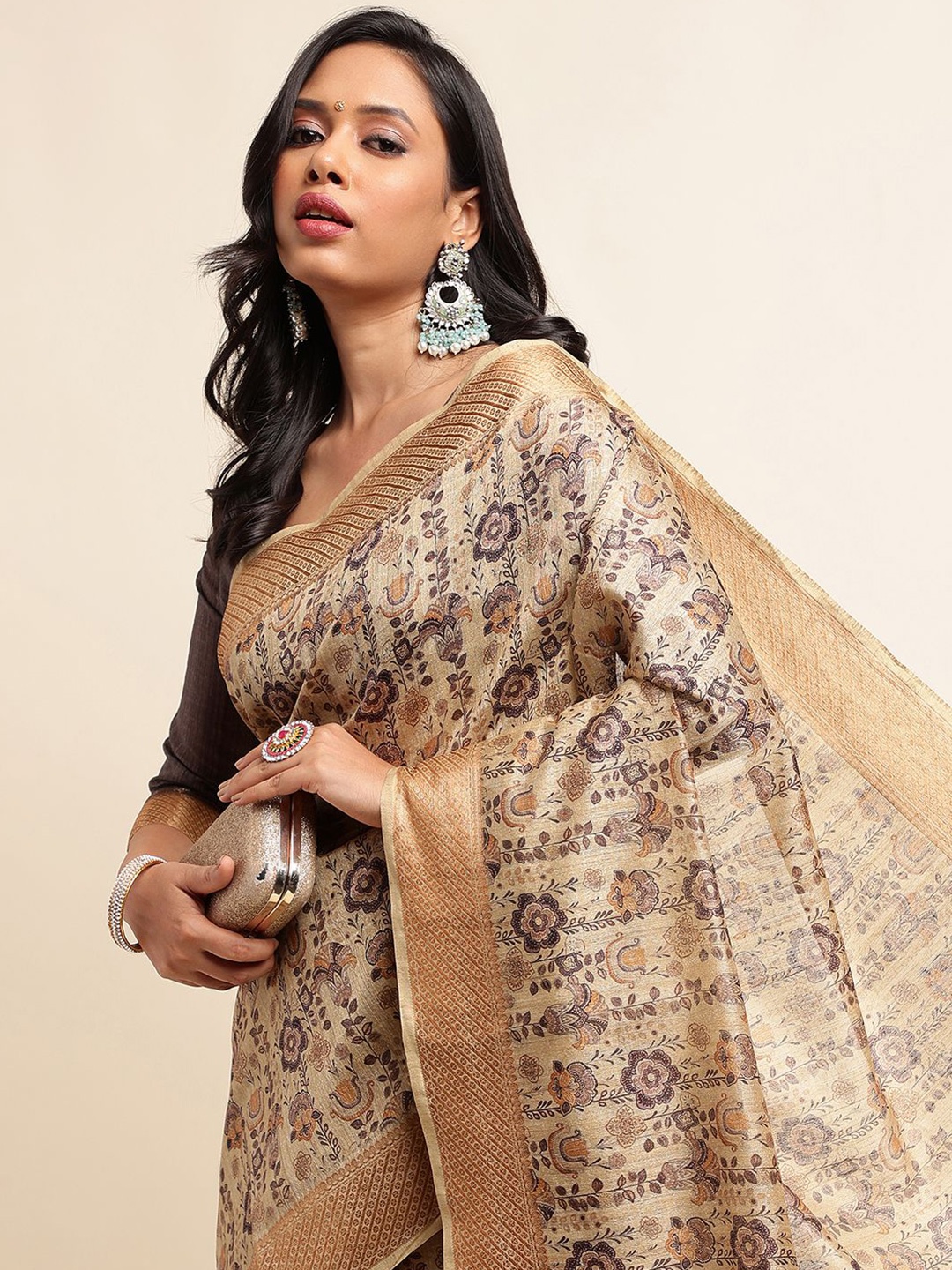 

DOI MOI Ethnic Motifs Zari Banarasi Printed Saree, Brown