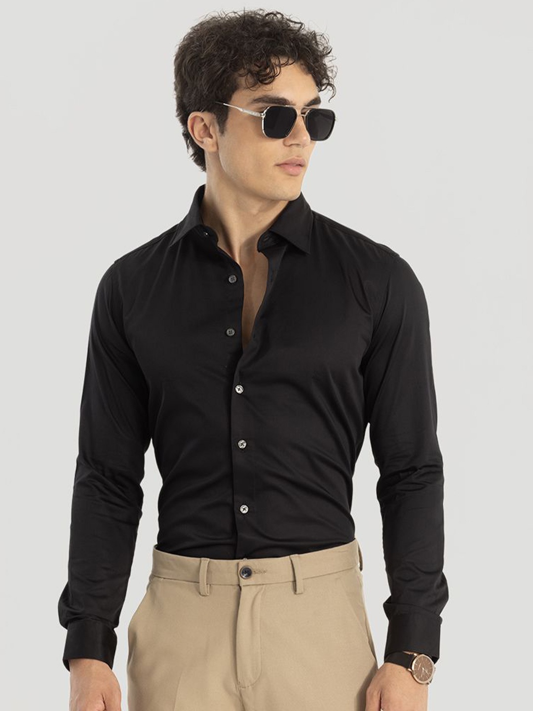 

Snitch Men Smart Spread Collar Solid Cotton Slim Fit Formal Shirt, Black