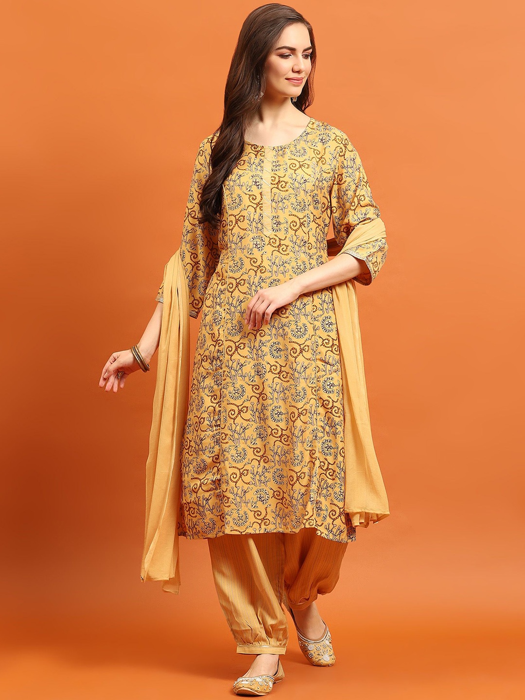 

Shree Women Ethnic Motifs Printed Regular Liva Kurta with Harem Pants & With Dupatta, Yellow