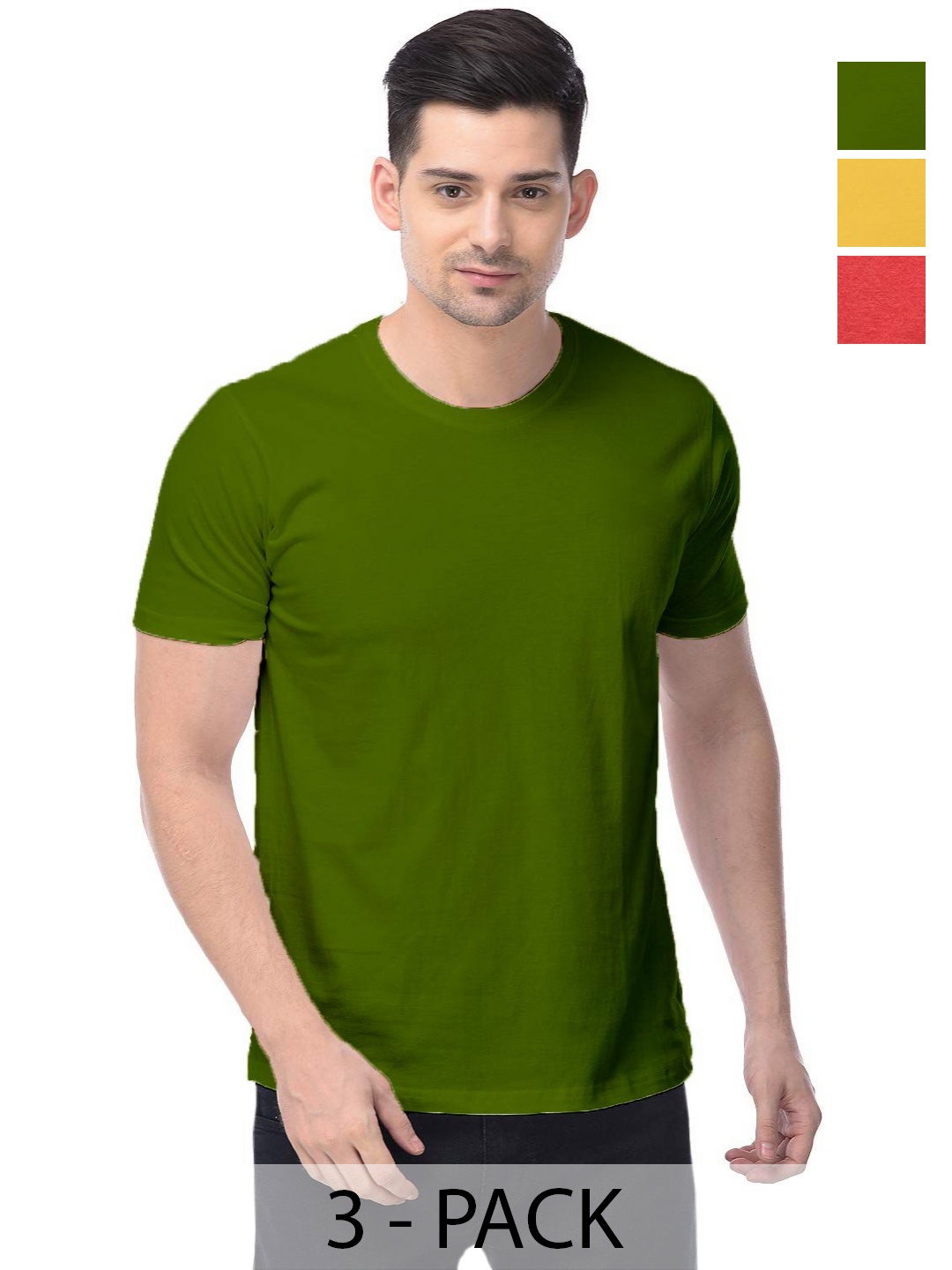 

COLOR CAPITAL Pack of 3 Unisex Solid Round Neck Cotton T-Shirts, Green