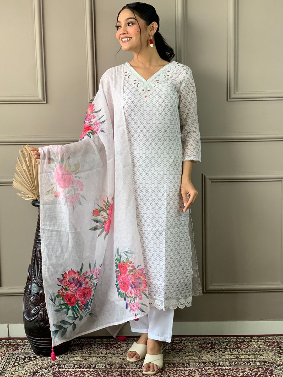 

KALINI Geometric Printed V-Neck Thread Work Pure Cotton Kurta with Trousers & Dupatta, White