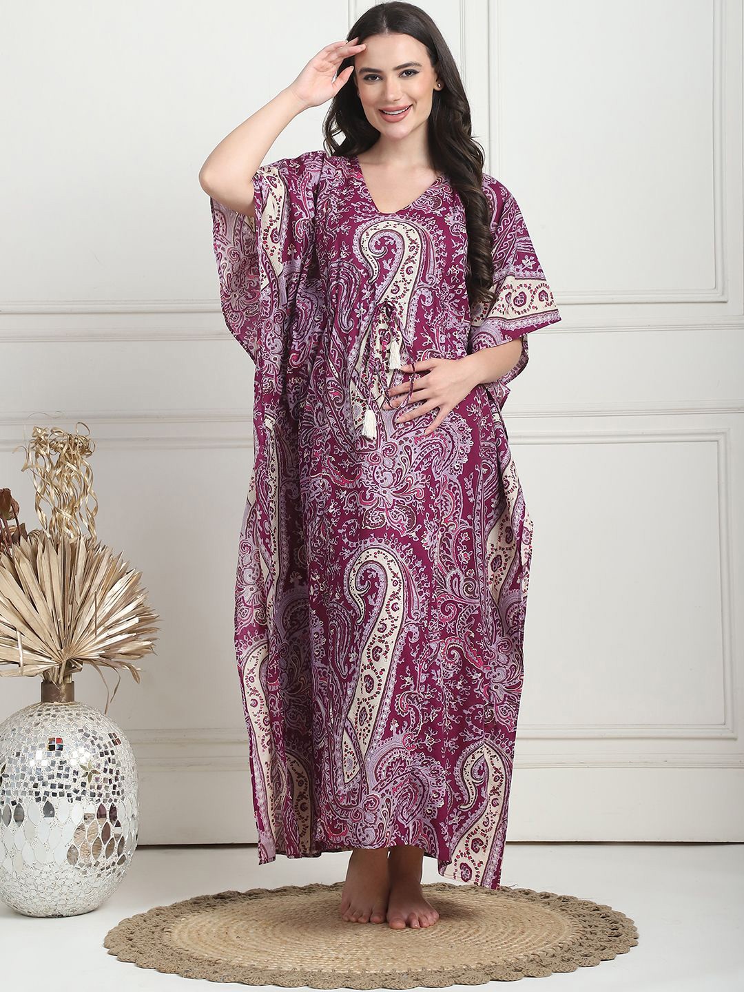 

Secret Wish Women's Ethnic Motifs Printed Maxi Maternity Nightdress, Purple