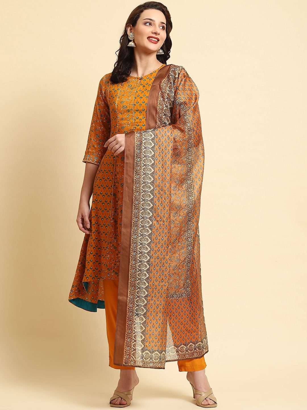 

Shree Floral Printed Gotta Patti Keyhole Neck High-Low A-Line Kurta With Trouser & Dupatta, Yellow