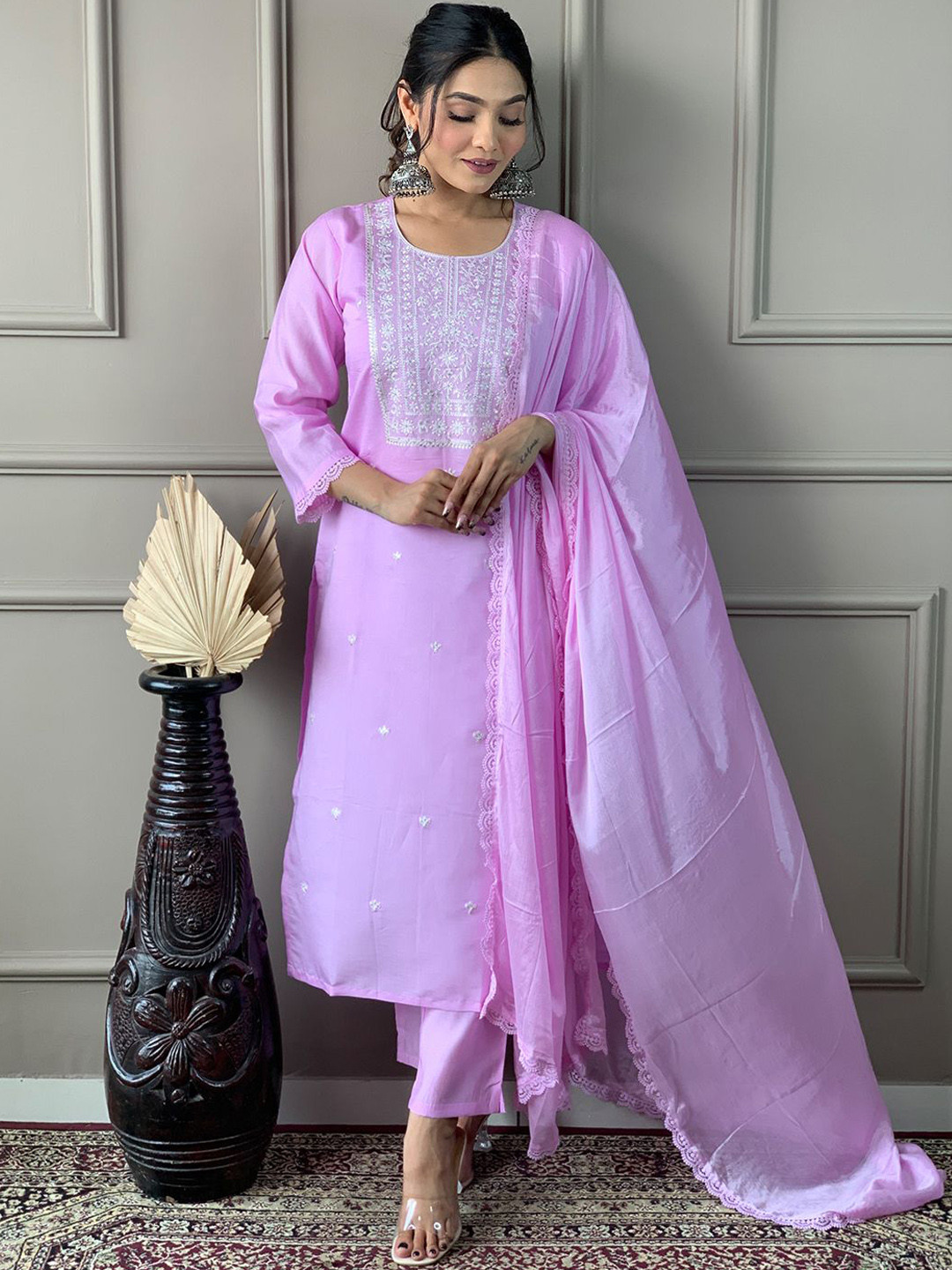 

Lilots Floral Embroidered Thread Work Chanderi Silk Straight Kurta With Trousers & Dupatta, Lavender