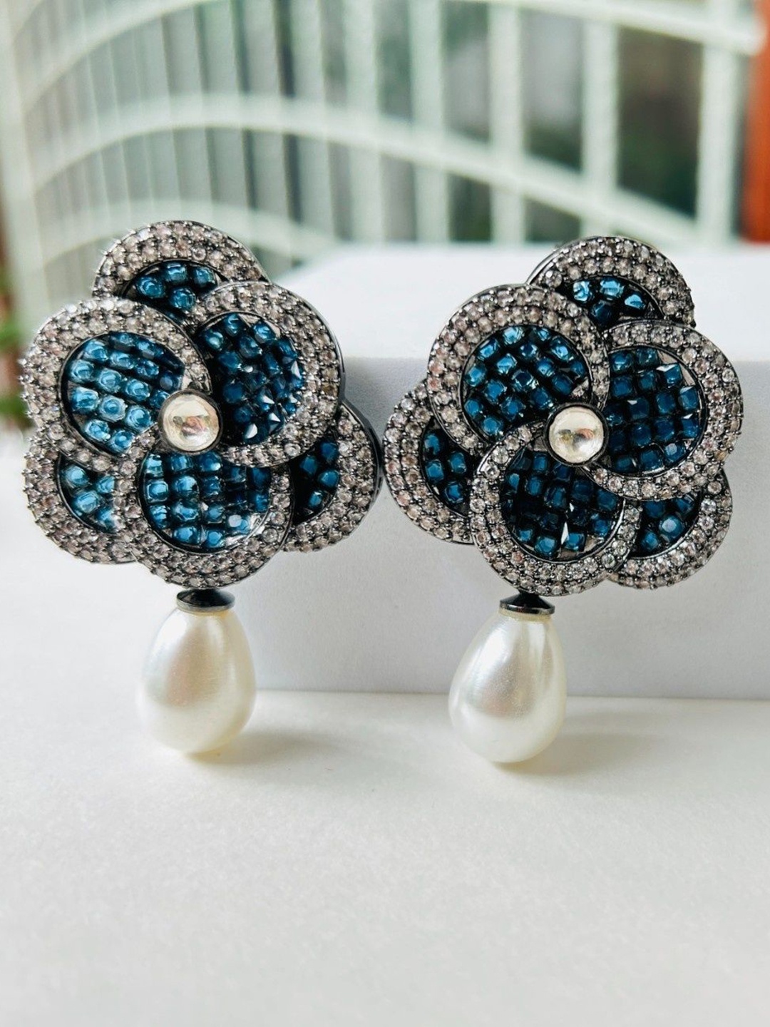 

AMADA JEWELS Stone Studded Floral-Shaped Sapphire Pearls Drop Earrings, Blue