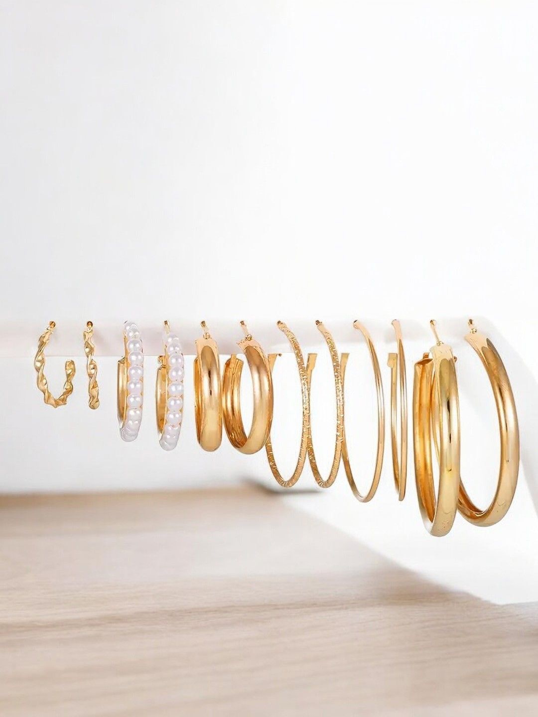 

fabula Set Of 6 Pearl Beaded Circular Hoop Earrings, Gold