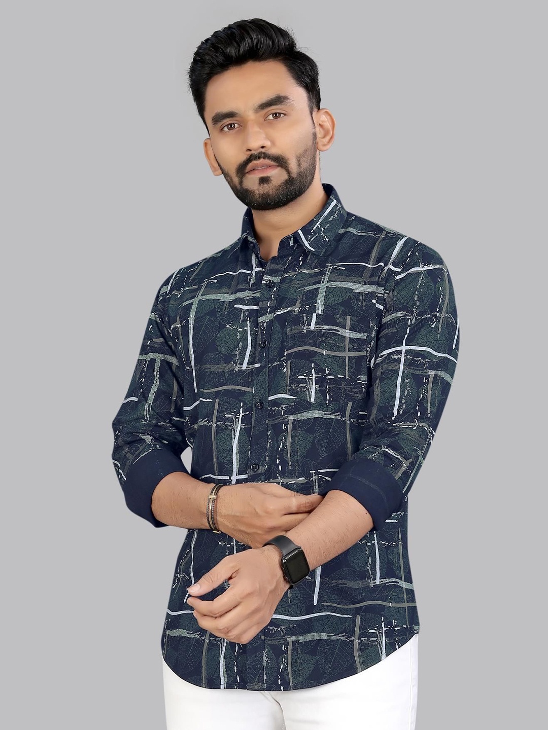 

ADWYN PETER Men Classic Spread Collar Abstract Printed Cotton Casual Shirt, Navy blue