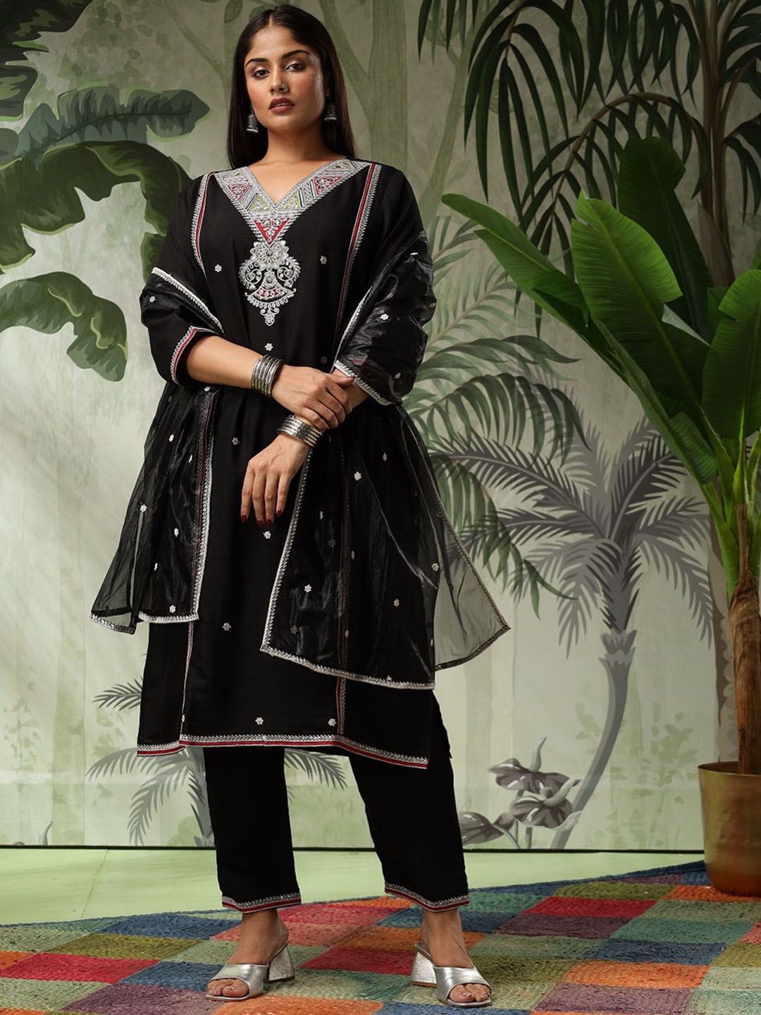 

Bani Women Plus Size Ethnic Motifs Embroidered Straight Kurta with Palazzos & Dupatta, Black