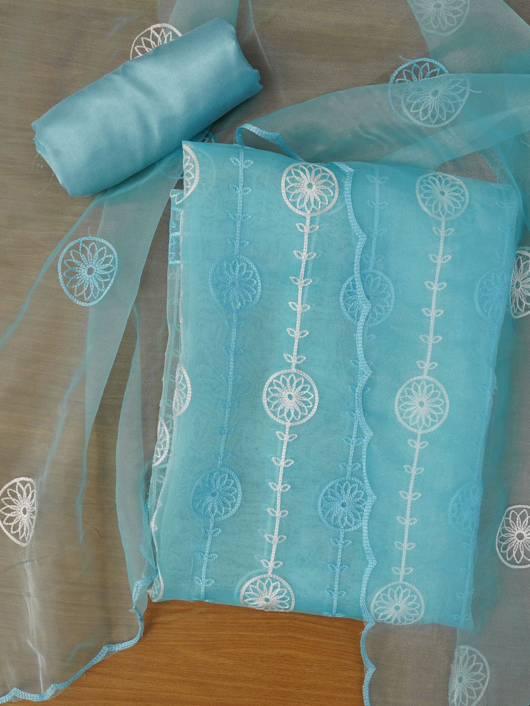 

Jaipur Kurti Unstitched Embroidered Organza Dress Material With Dupatta, Blue
