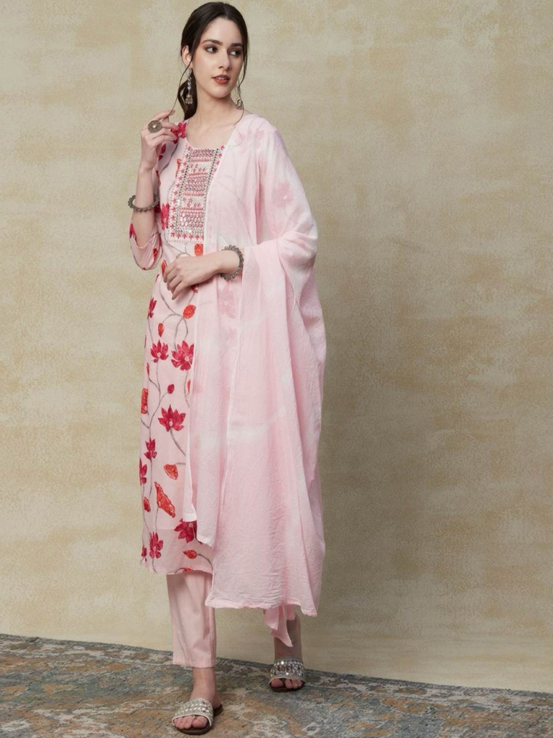 

TRAHIMAM Floral Embroidered Mirror Work Pure Cotton Kurta With Trousers & Dupatta, Pink