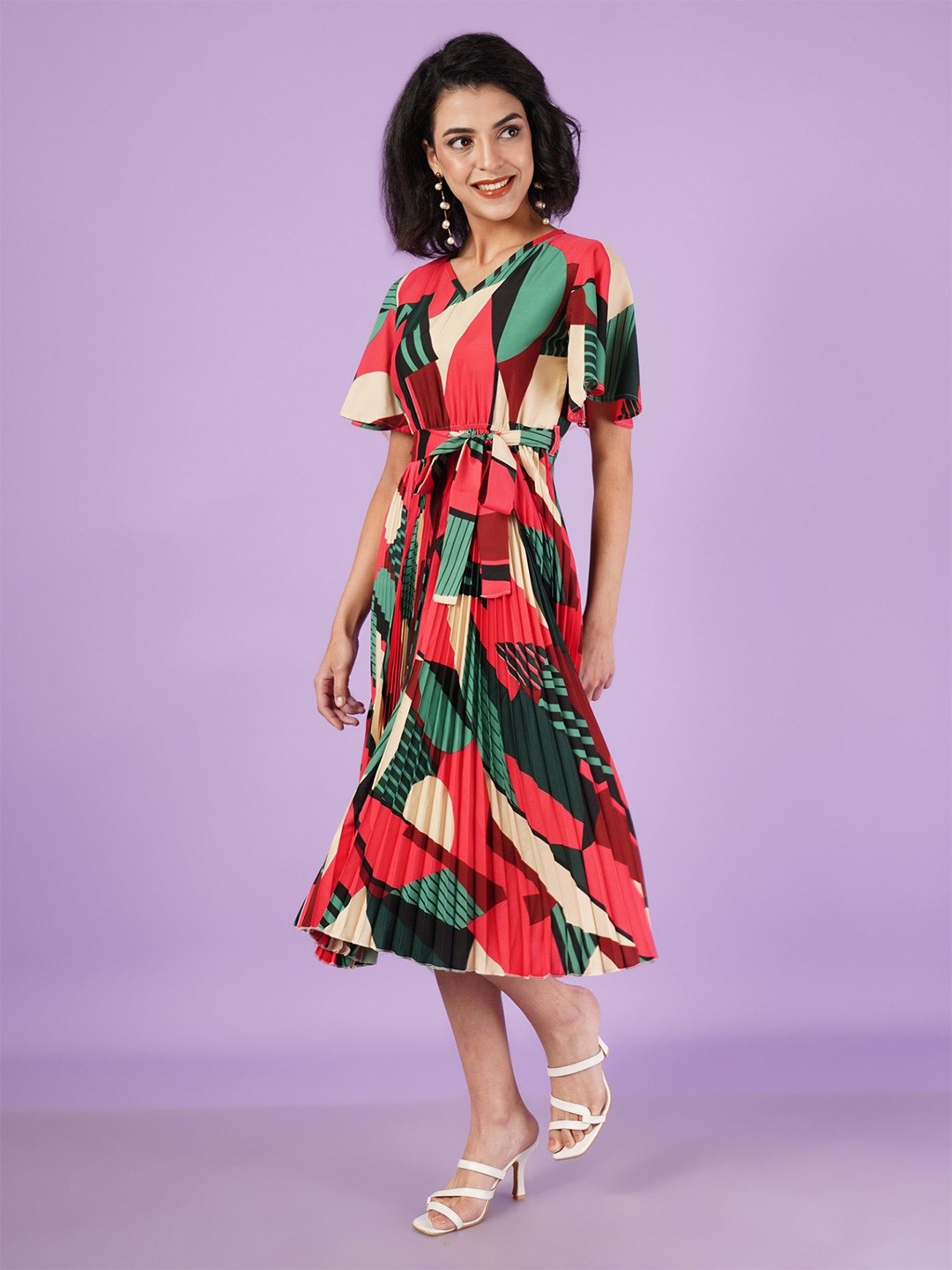 

Femvy Print women Bell Sleeve abstract design Fit & Flare casual dress, Green