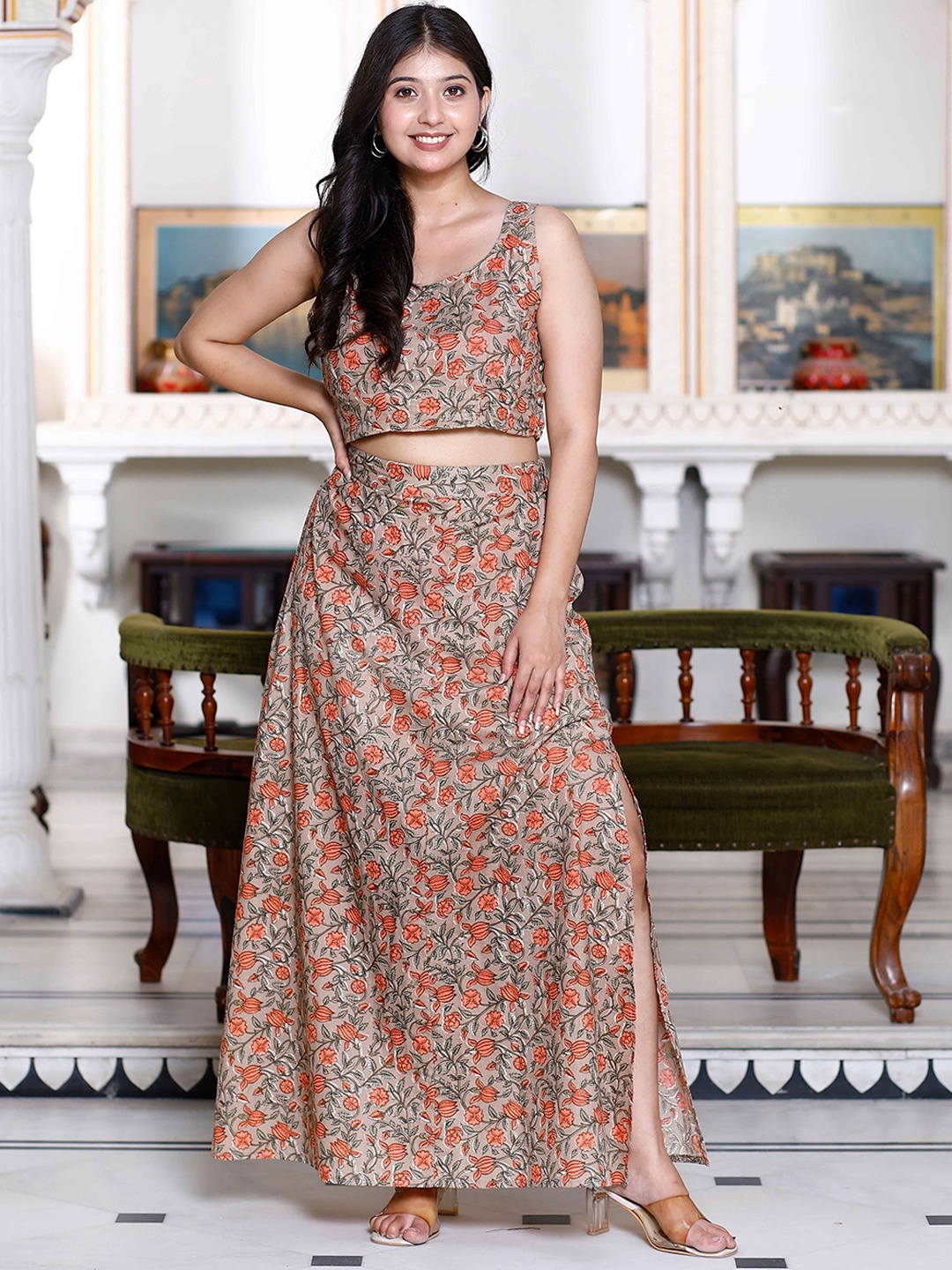 

MIRAVAN Floral Printed Pure Cotton Crop Top With Skirt, Brown