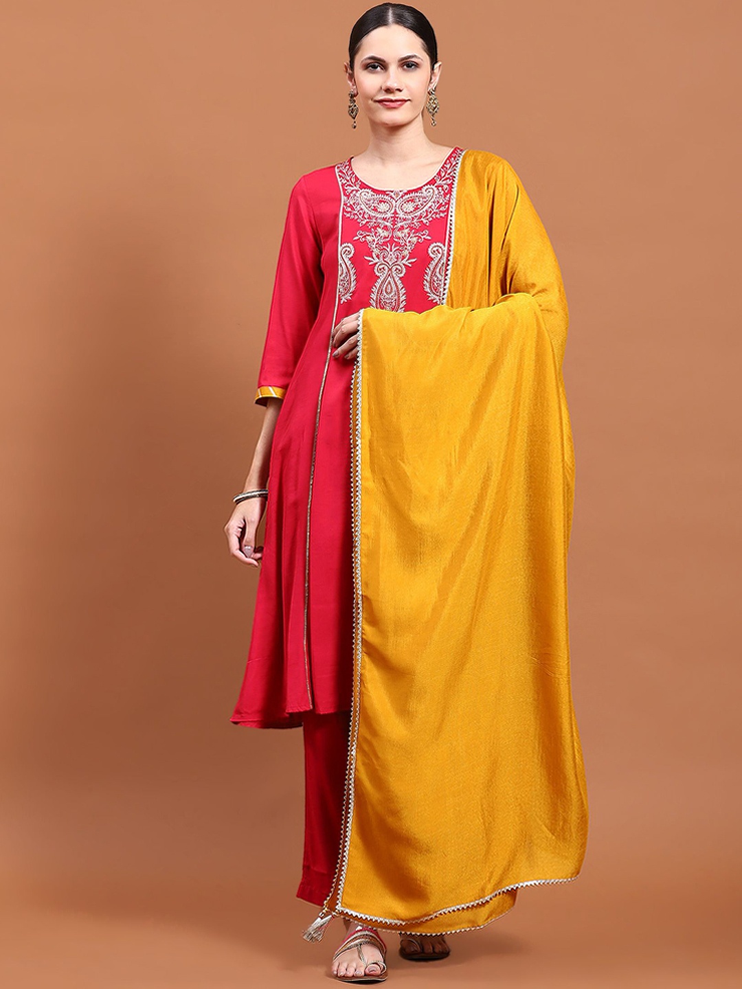 

Shree Paisley Embroidered Panelled Thread Work Liva Kurta With Trousers & Dupatta, Fuchsia