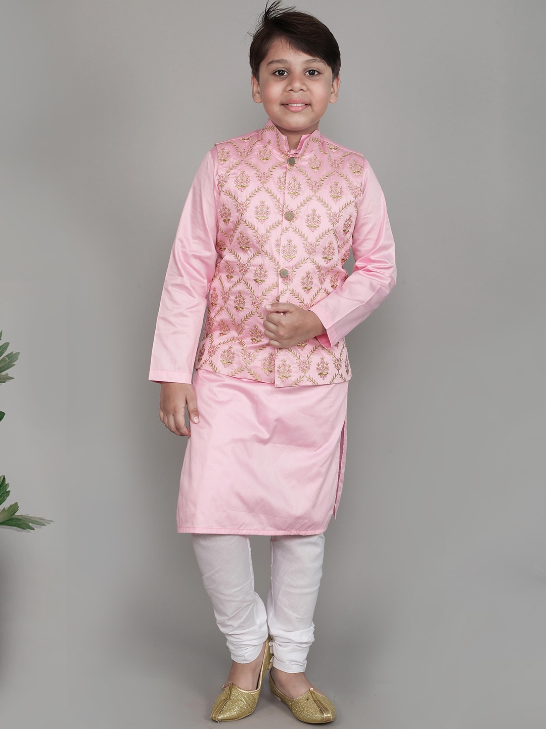

Little Clothings Boys Straight Thread Work Kurta with Churidar & Nehru Jacket, Pink