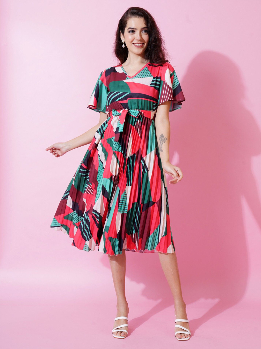 

Femvy Print Bell Sleeve Applique Crepe Fit & Flare Dress, Green