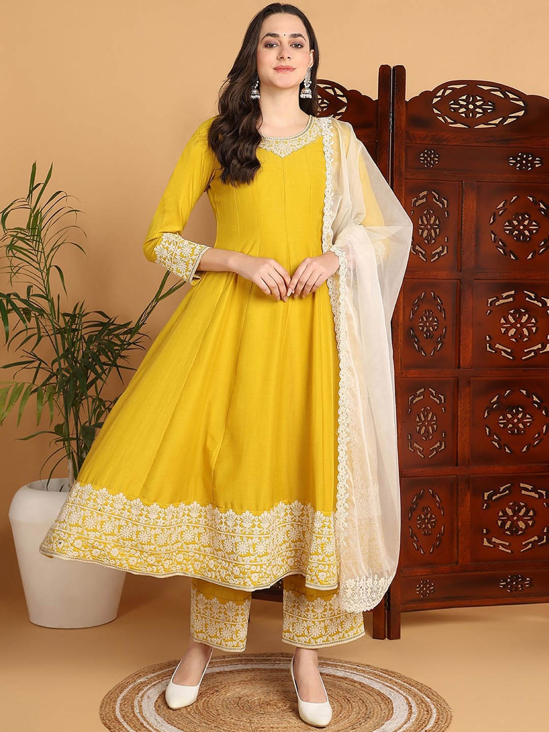 

KALINI Floral Embroidered Anarkali Kurta with Trousers & Dupatta, Yellow