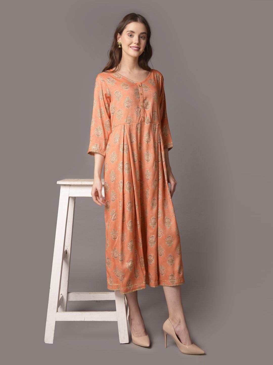 

Shree Floral Print Liva Fit & Flare Maxi Dress, Peach