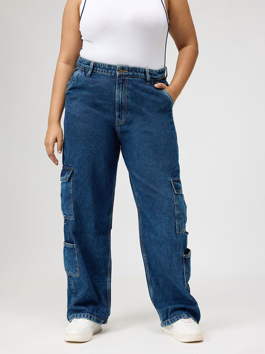

FREAKINS Women Straight Fit High-Rise Cotton Cargo Jeans, Blue