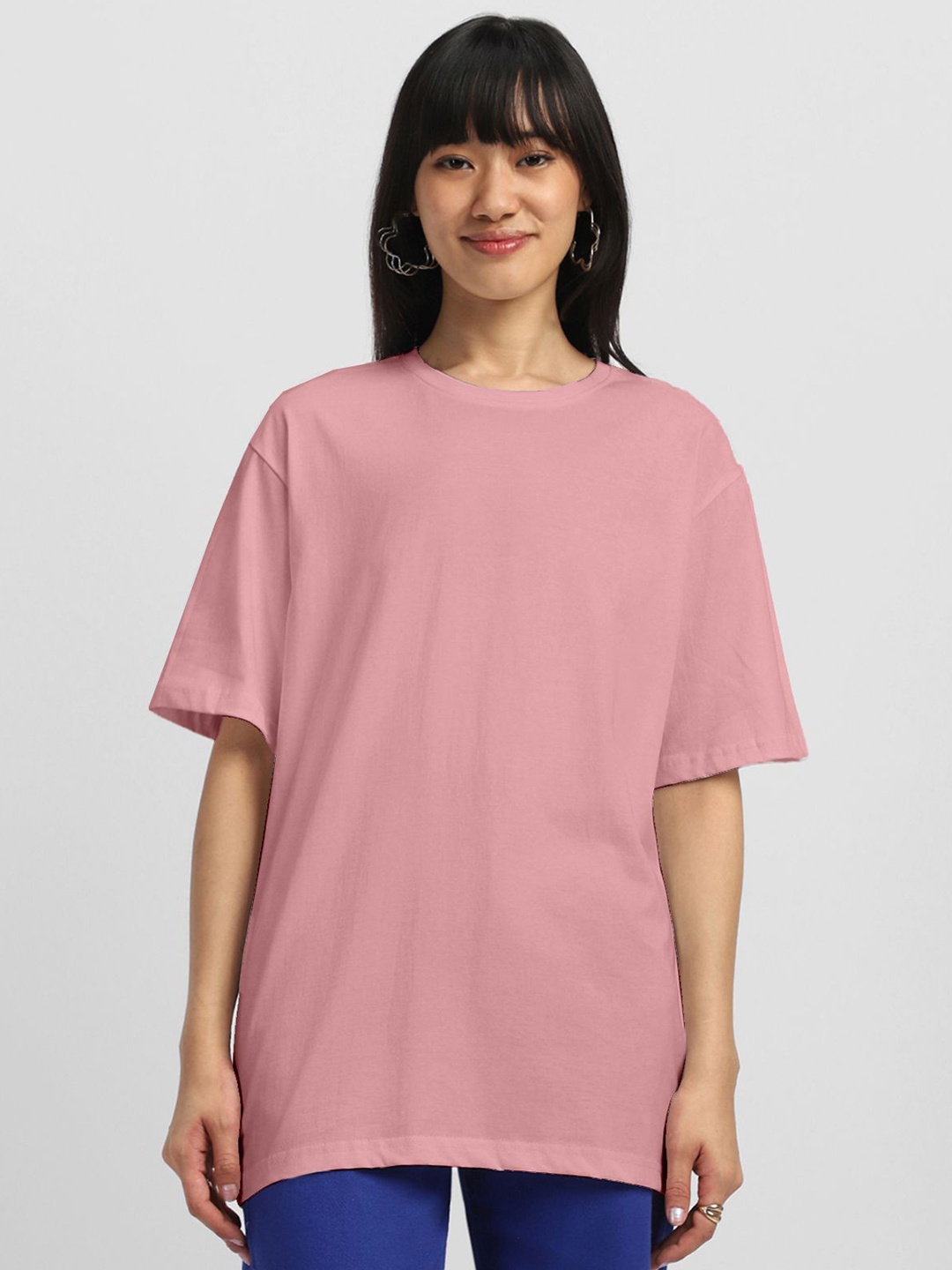 

JUNEBERRY Women Solid Round Neck Pure Cotton Oversized T-shirt, Pink