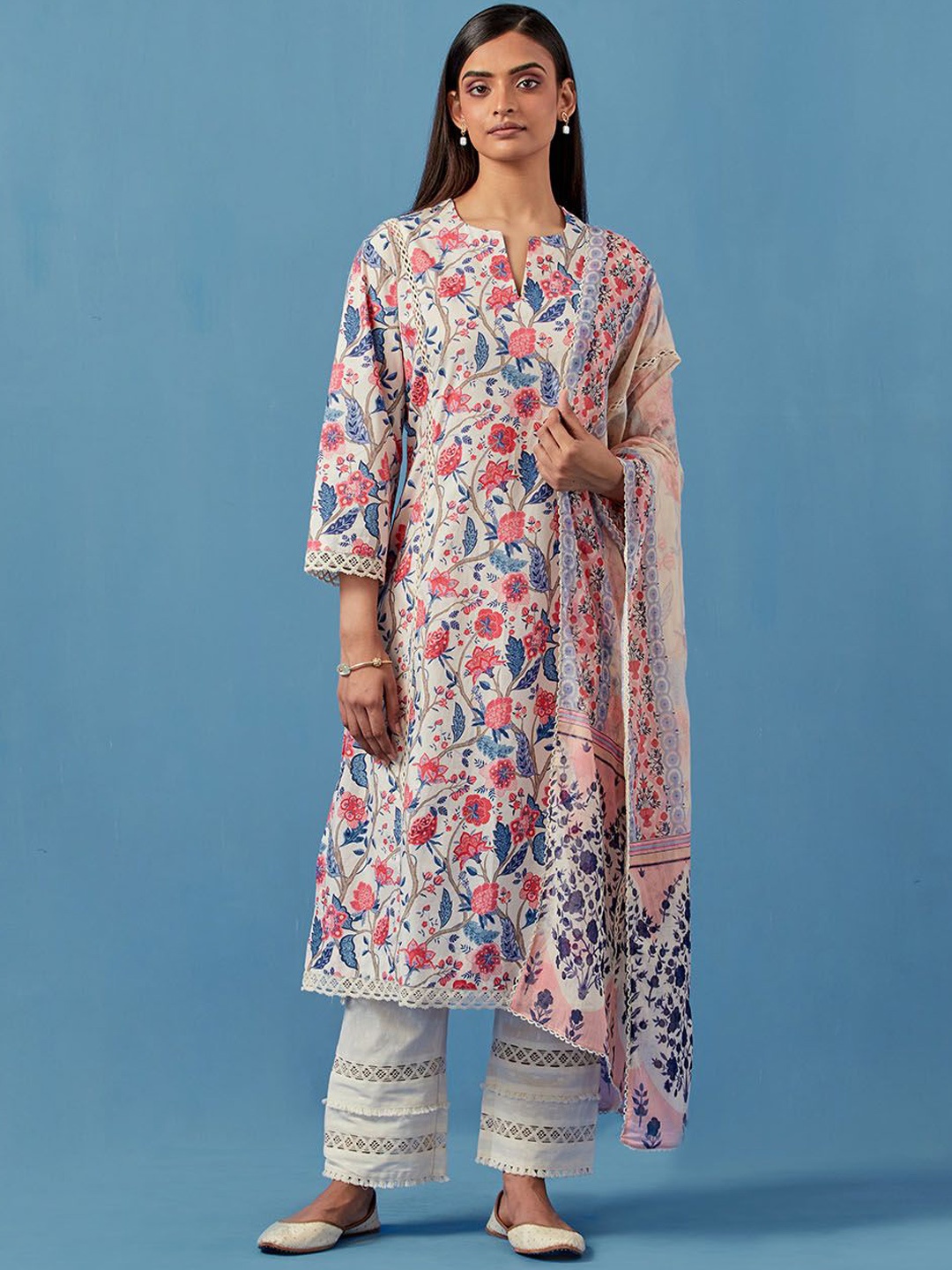 

Sage Saga Floral Printed Pure Cotton Straight Kurta With Palazzos & Dupatta, White