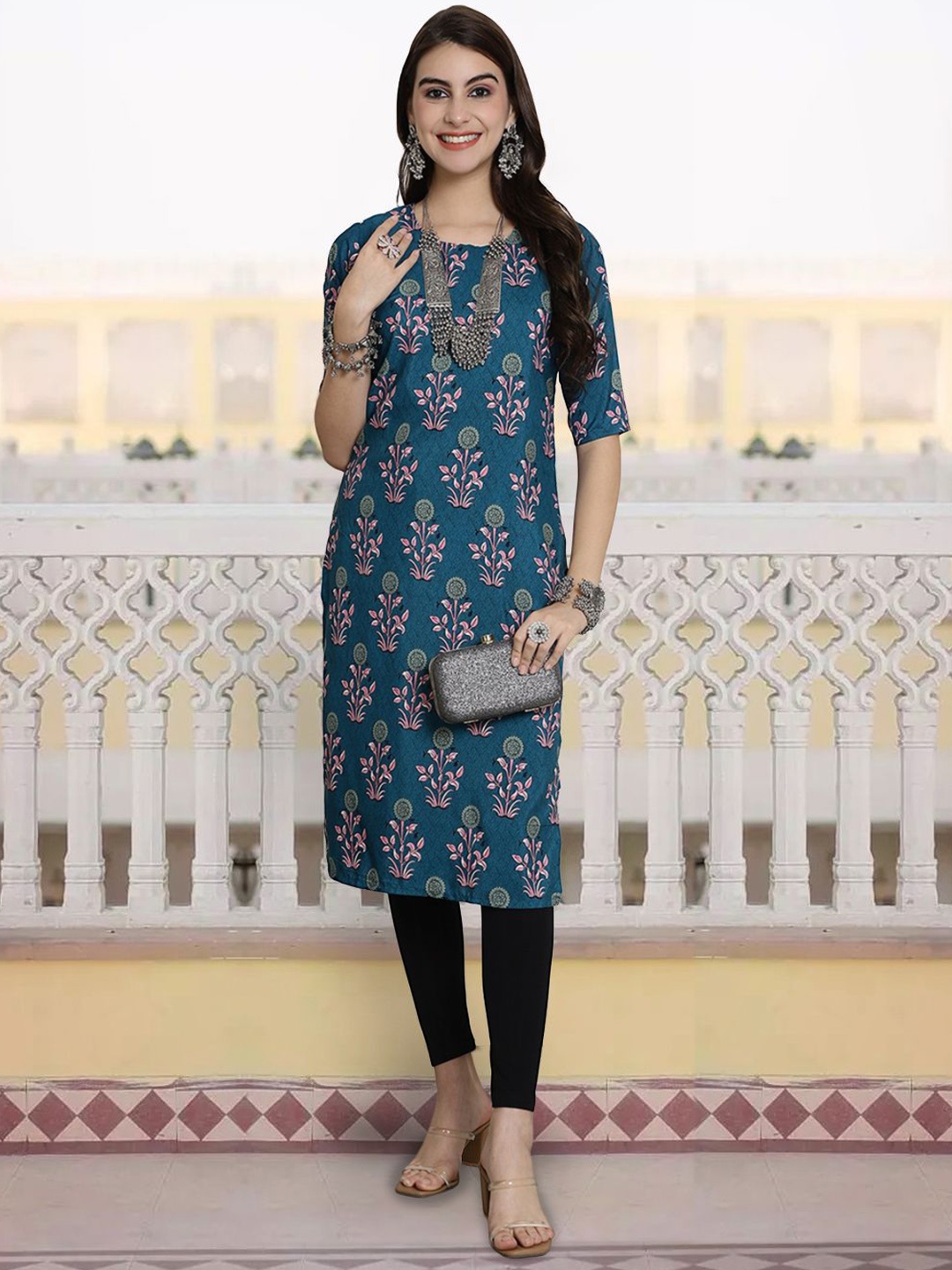 

KALINI Ethnic Motifs Printed Round Neck Straight Kurta, Teal