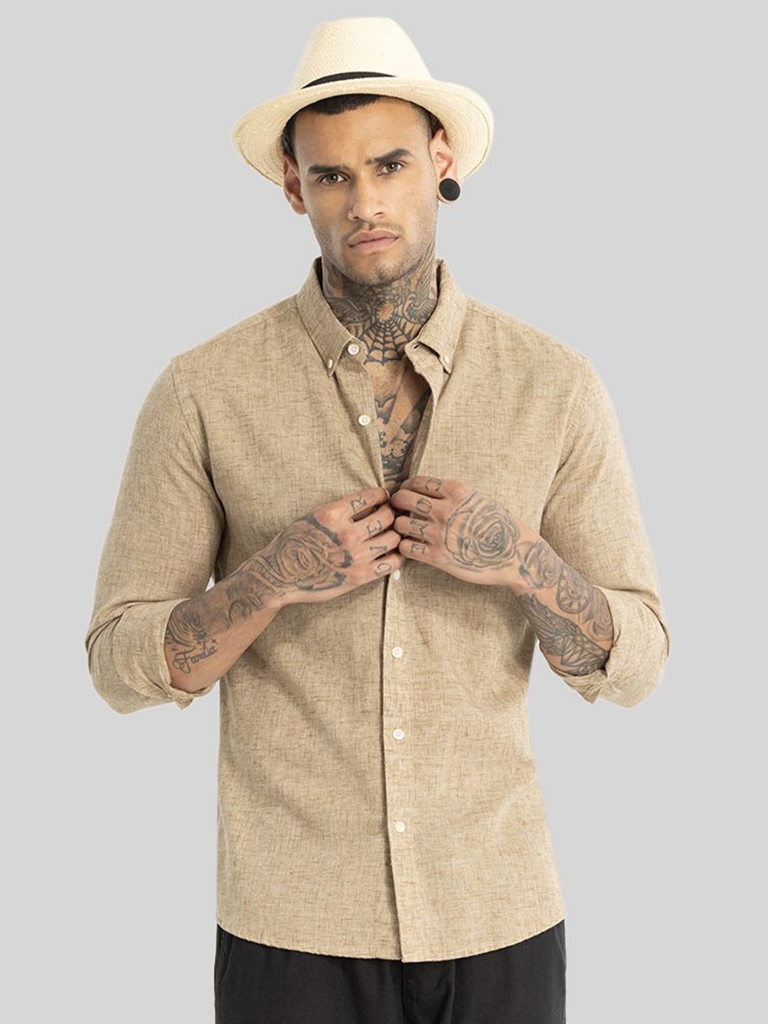 

Snitch Men Smart Button-Down Collar Solid Lyocell Slim Fit Casual Shirt, Beige