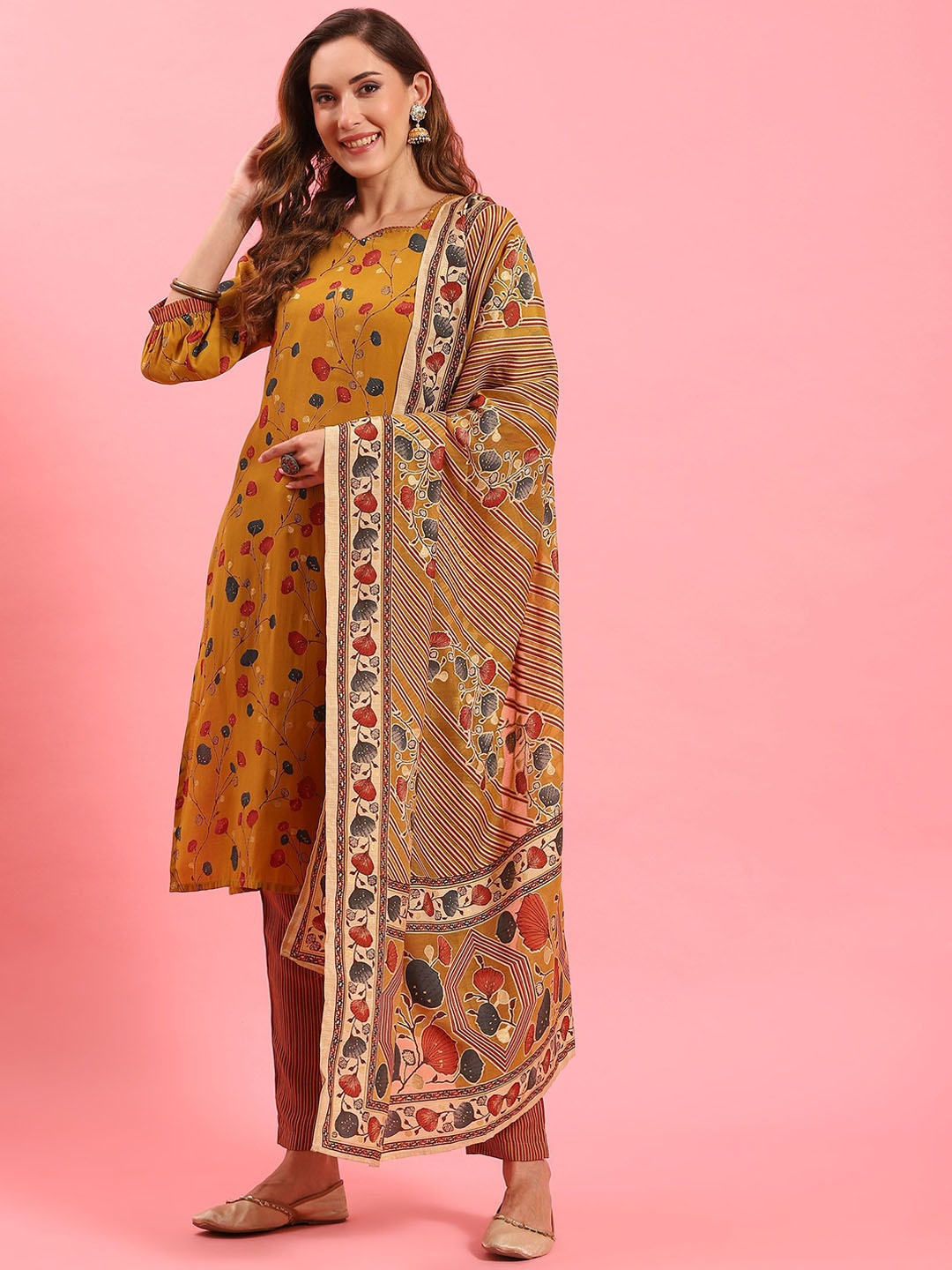 

Shree Floral Printed Sequinned Liva Straight Kurta & Trousers With Dupatta, Mustard