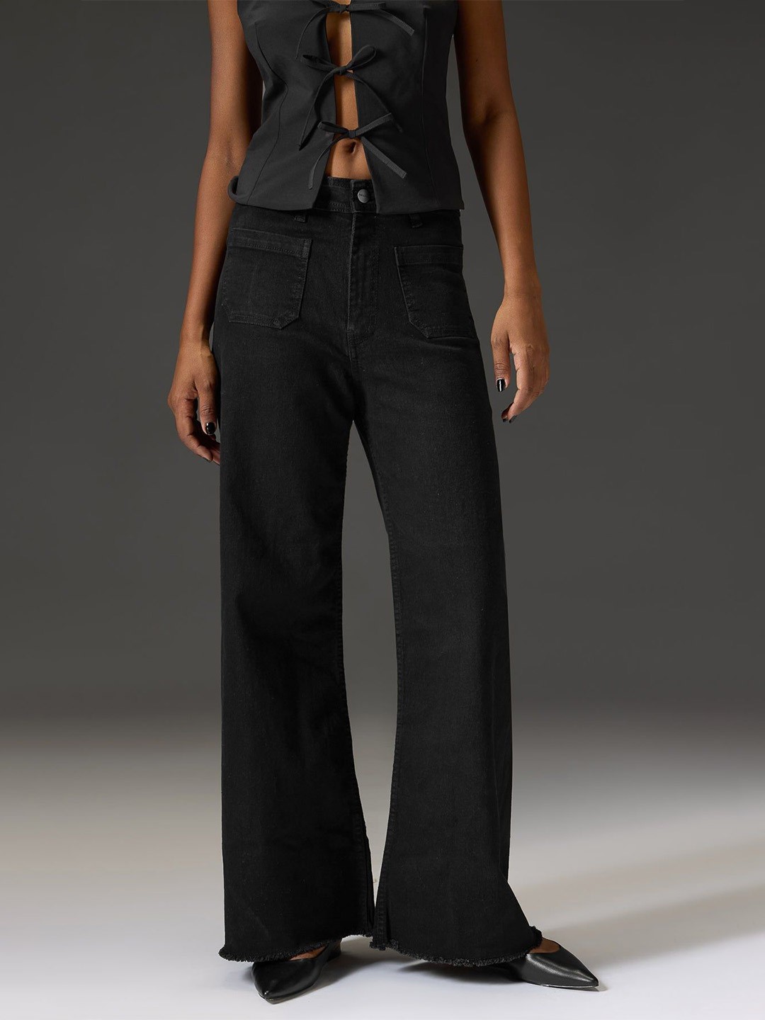

FREAKINS Women Cotton Wide Leg High-Rise Stretchable Jeans, Black