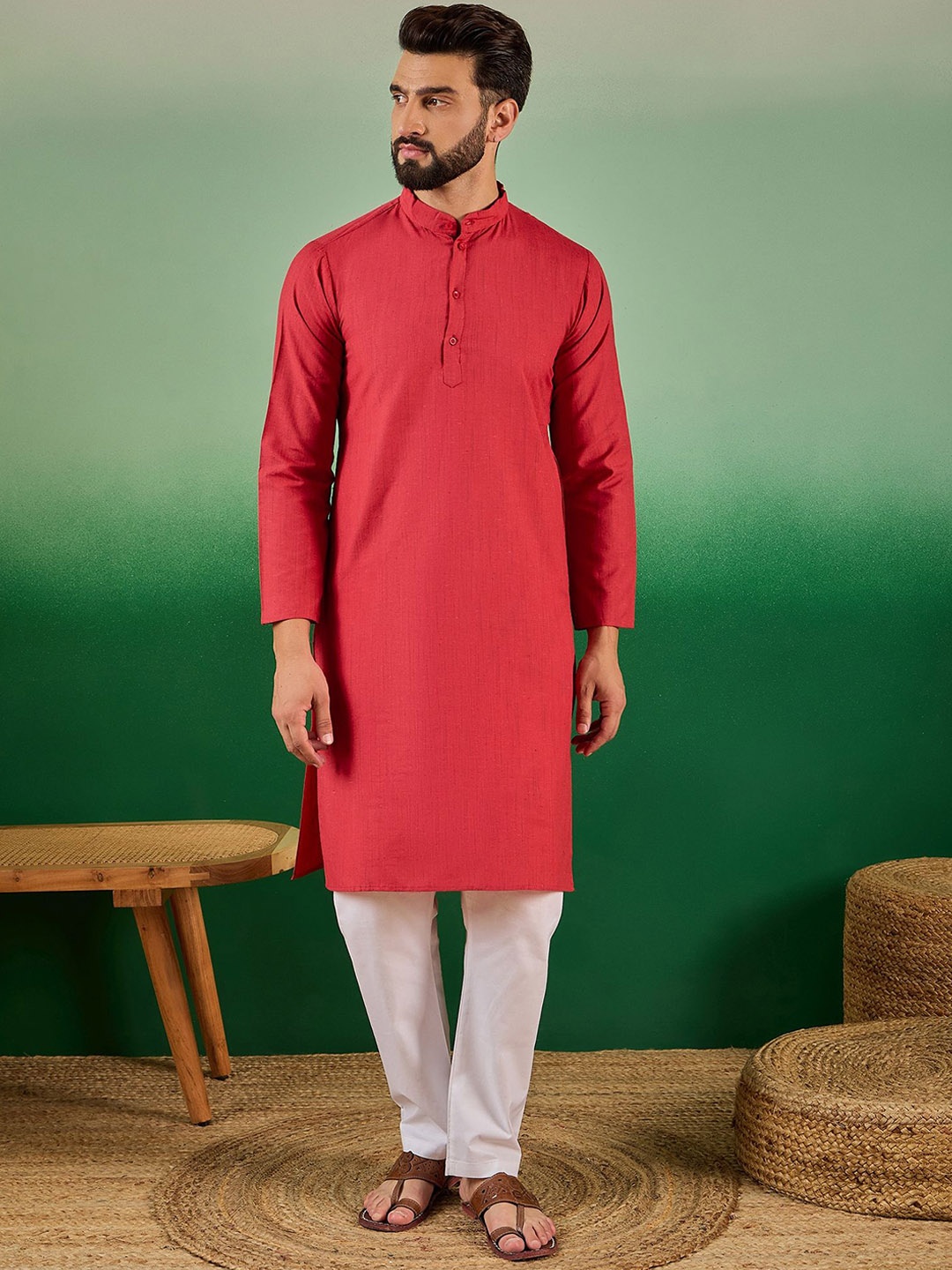 

Sangria Red Mandarin Collar Long Sleeves Cotton Straight Kurta