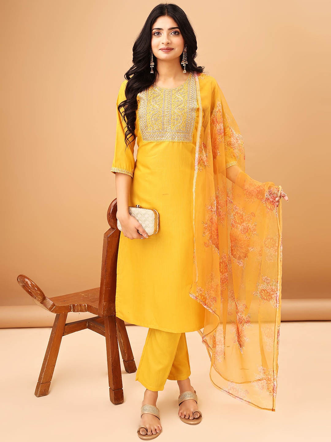 

TRAHIMAM Yoke Design Embroidered Straight Zari Kurta With Trousers & Dupatta, Yellow