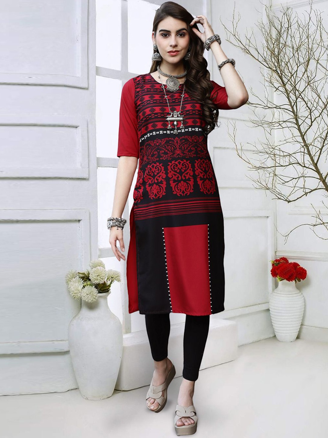 

7Threads Ethnic Motifs Printed Round Neck Straight Kurta, Red