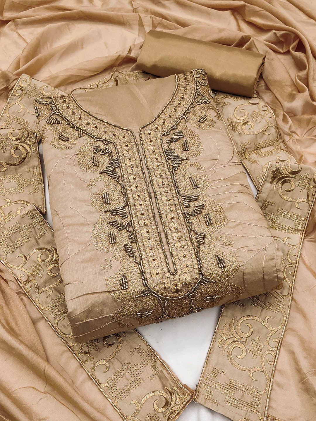 

KIMISHA Beads & Stones Floral Embroidered Unstitched Dress Material, Beige