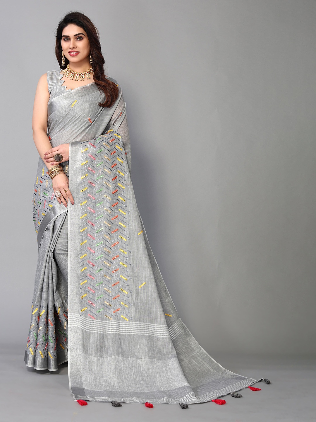 

NIRMAL CREATION Ethnic Motifs Embroidered Maheshwari Saree, Grey