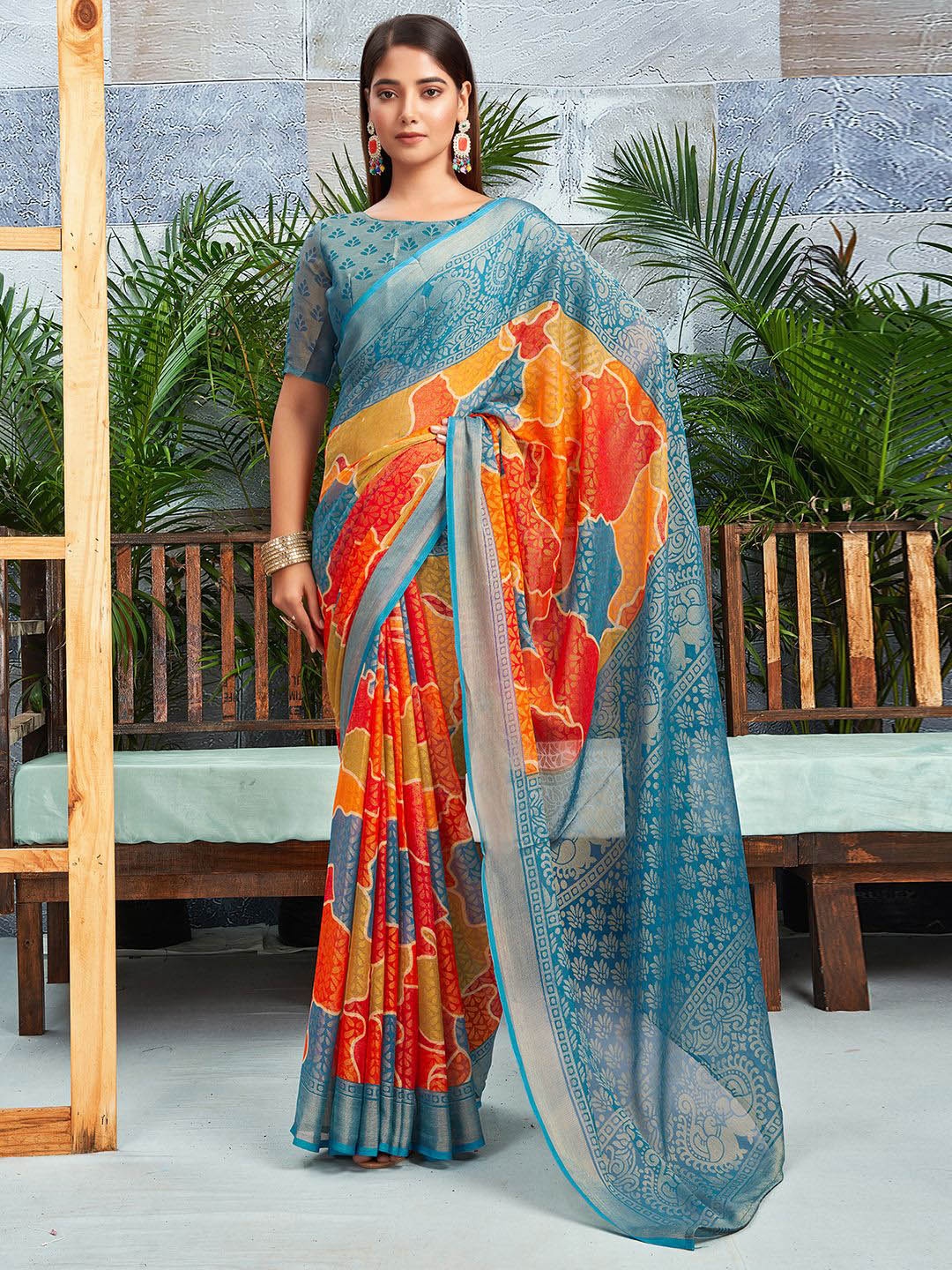 

KALINI Women Abstract Printed Pure Chiffon Dabu Saree, Blue